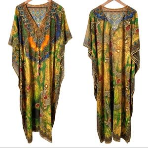 Sheer Peacock Feather Print Maxi Caftan With Beading and Rhinestones One Size
